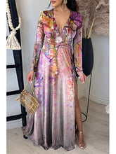 Printed Neck Pleated Elegant Slit V-Neck Maxi Dress